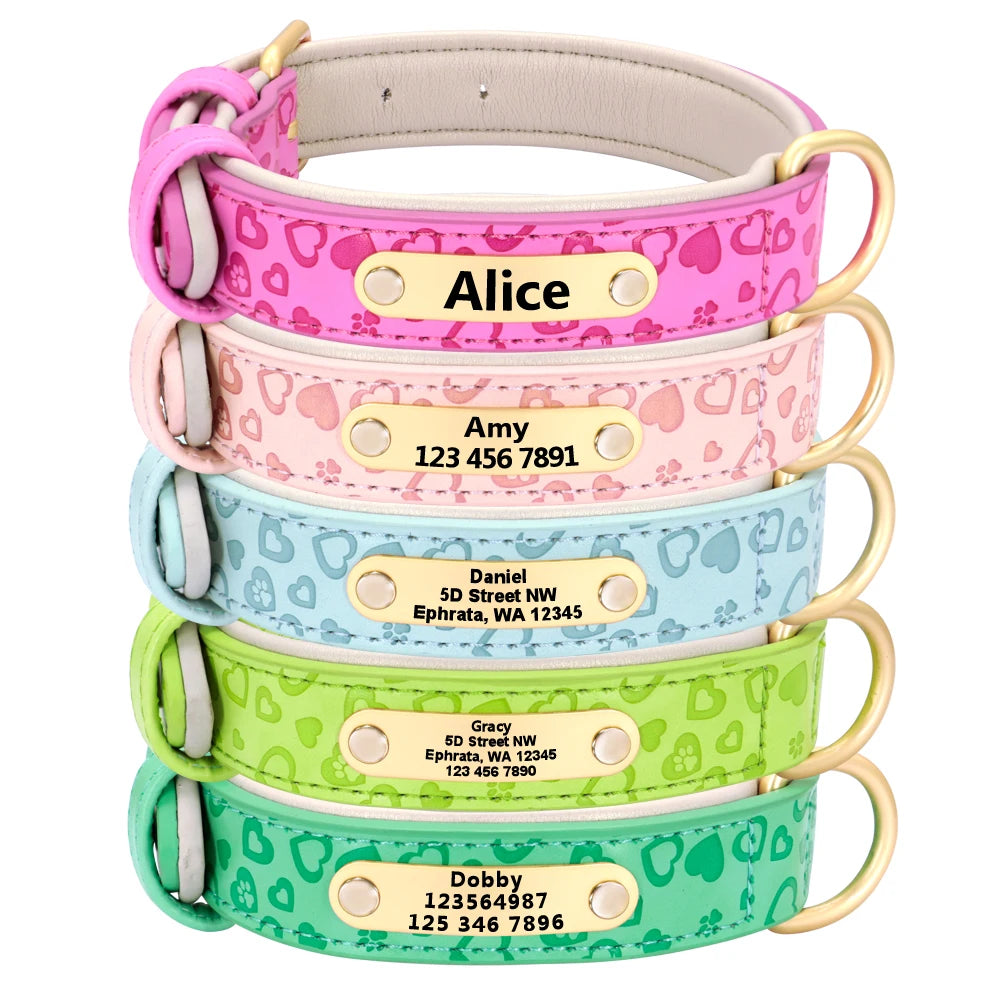 Gepersonaliseerde Leren Halsband met Hartjes – Liefdevolle Stijl & Veiligheid