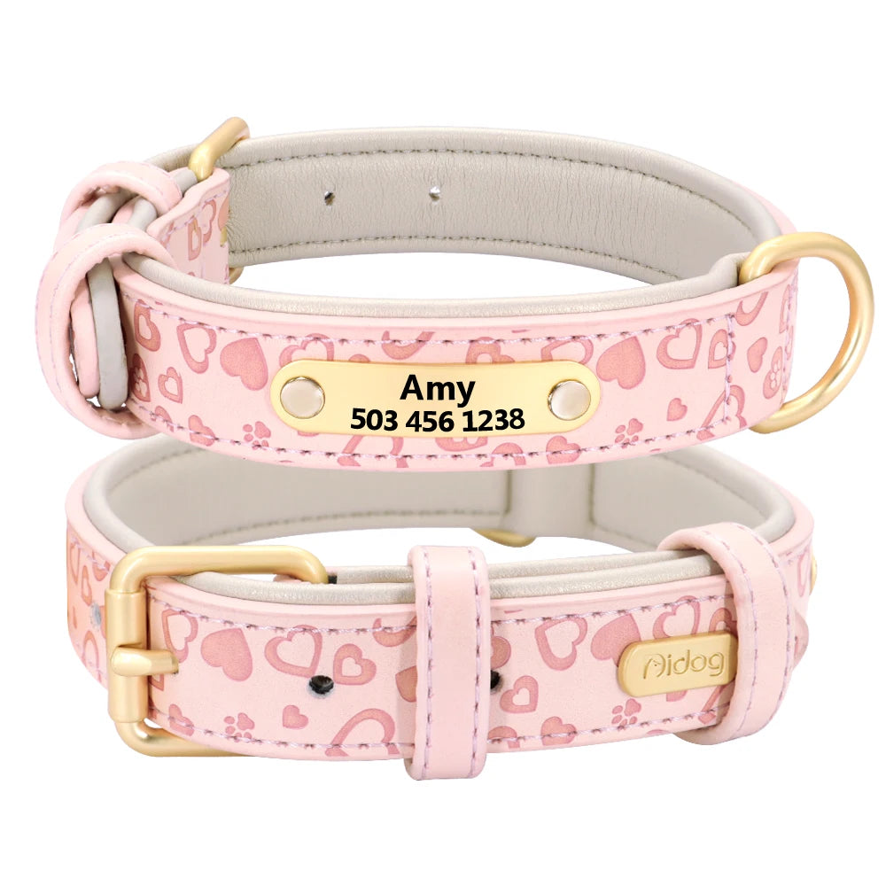 Gepersonaliseerde Leren Halsband met Hartjes – Liefdevolle Stijl & Veiligheid