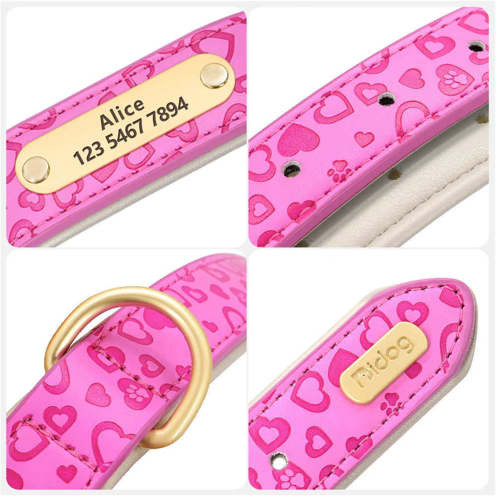 Gepersonaliseerde Leren Halsband met Hartjes – Liefdevolle Stijl & Veiligheid