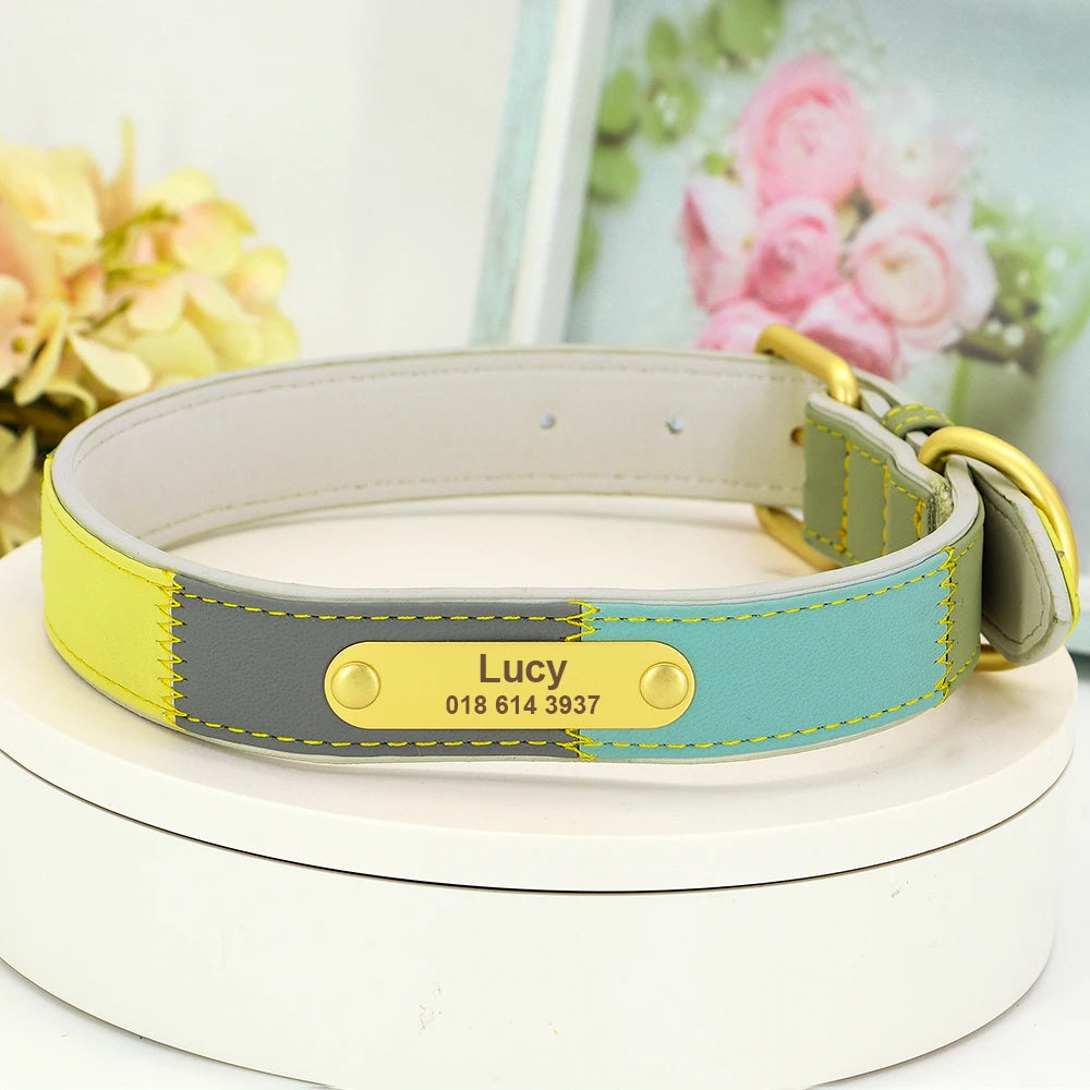 Hond Halsband Kleurrijk – Leren, Verstelbare en Gepersonaliseerde Hondenhalsband met Naam