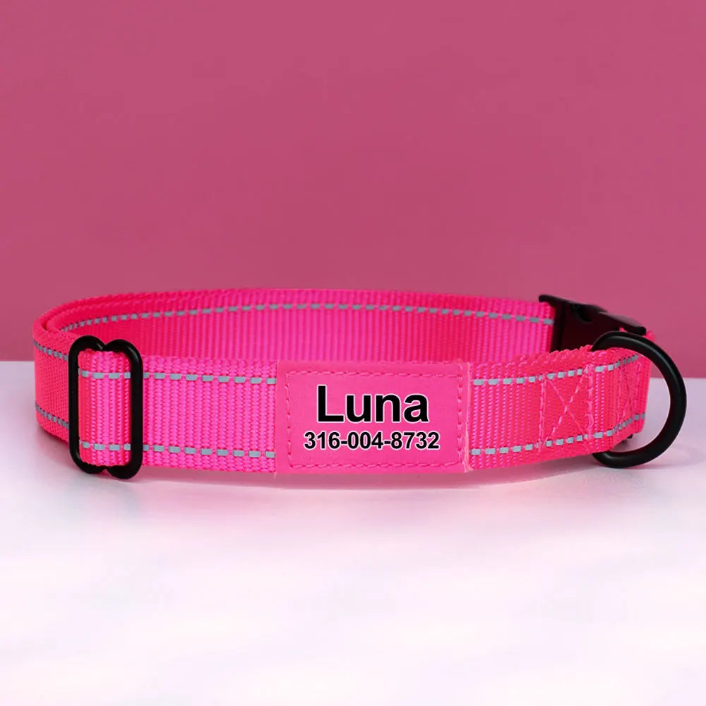 Hond Halsband Reflecterend – Verstelbare en Gepersonaliseerde Hondenhalsband met Naam in Opvallende Kleuren